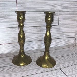 Vintage Brass India Candlesticks Pair Two Patina Boho Neutral Gold